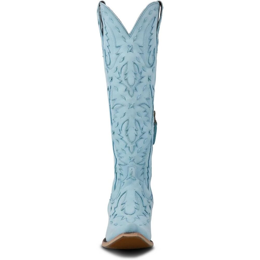 Women's Blue Pointed Toe Zipper Cowgirl Boots Lace up Chunky Heel Western Boots - Picture 7 of 7